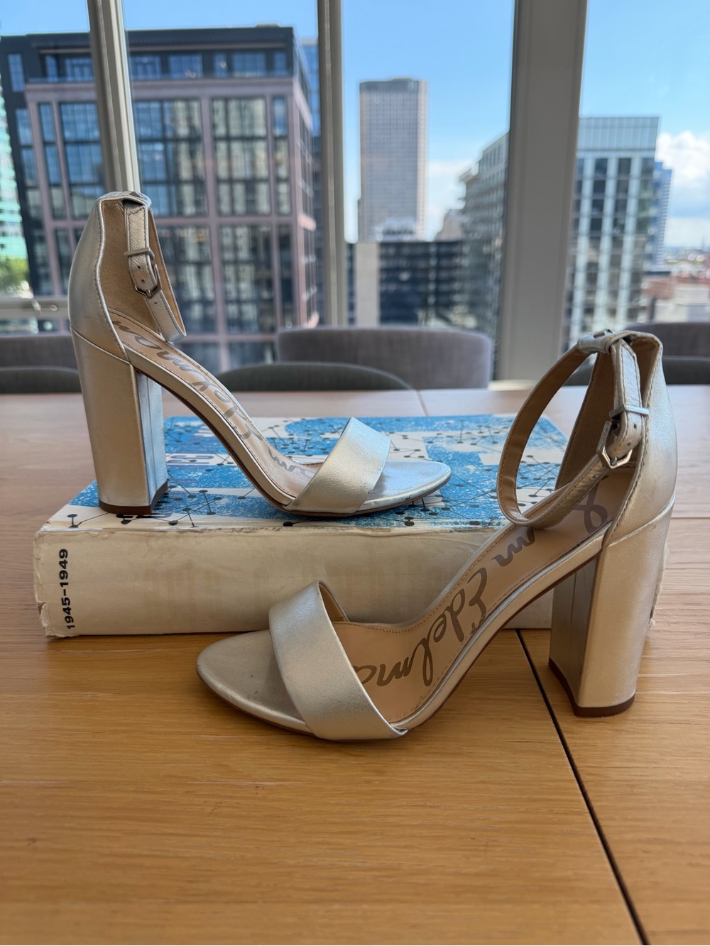 Sam Edelman Yaro Metallic Ankle-Strap Block Heel Sandals - Silver Size 7.5